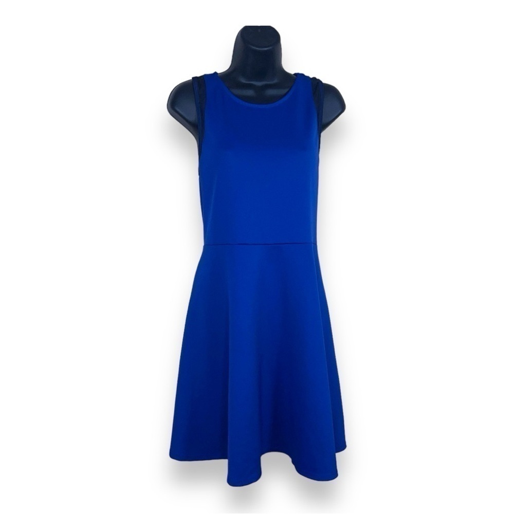 XL JUNIORS ROYAL BLUE BLACK MESH ACCENT FIT AND FLARE DRESS STRETCH